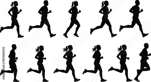 Running silhouette vector, athlete motion clipart, male female runner poses, dynamic movement graphic, sports training outline art
