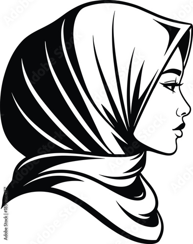 Minimal black and white hijab woman profile illustration, elegant Islamic female silhouette, clean vector line art for branding design and logos