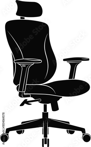 Modern ergonomic office chair silhouette illustration, adjustable swivel workspace seating design, minimalist black and white vector furniture icon
