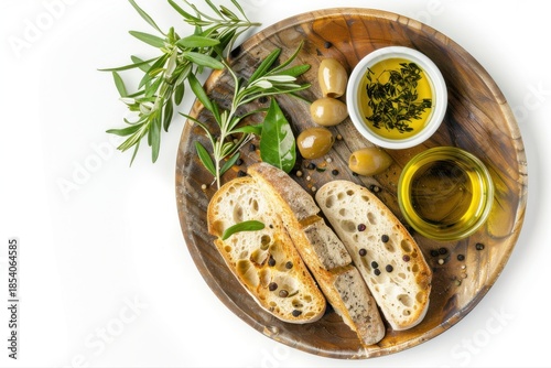 Rustic healthy Mediterranean appetizer fresh bread green olives fragrant on transparent background