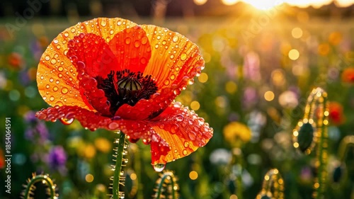 Vibrant red poppy flower with water droplets glistening in a sunlit meadow at golden hour showcasing natural beauty and springtime freshness