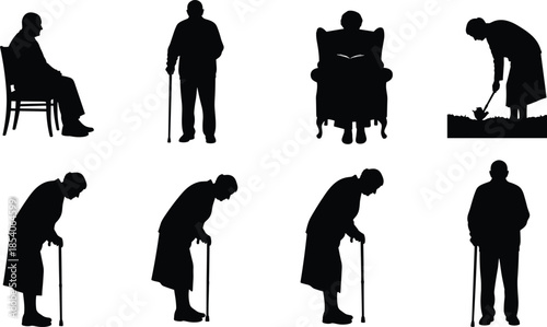 Elderly people silhouettes set, senior men women daily activities, walking with cane, sitting gardening, aging lifestyle vector illustration isolated background