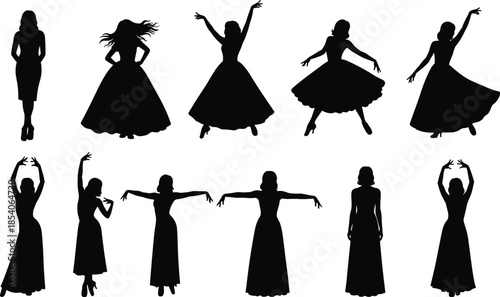 Women silhouette vector, fashion pose clipart, dress movement illustration, elegant female graphic, black outline art, dancing figure icon