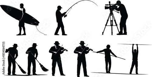 People performing surfing fishing filming cleaning music sports activities, black silhouette set illustrating lifestyle hobbies professions outdoor recreation concepts and leisure scenes