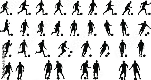 Soccer silhouette vector, football player poses, kicking action clipart, dribbling graphic, sports movement illustration, black outline art