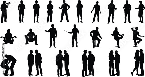 People silhouette icons showing communication meditation teaching conversation poses, black figures set for social interaction lifestyle behavior concepts daily activities scenes