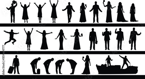 People silhouettes expressing emotions gestures and actions, black icon set illustrating celebration presentation greeting work travel lifestyle scenes activities concepts