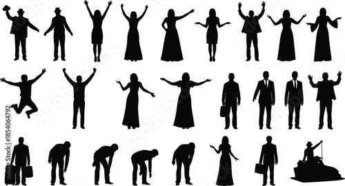 People silhouettes expressing gestures emotions and actions, black icon set illustrating celebration communication business travel lifestyle activities scenes
