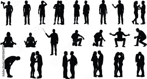 People silhouette icons showing communication meditation teaching kneeling conversation emotions, black figures set for social interaction lifestyle behavior daily activities concepts