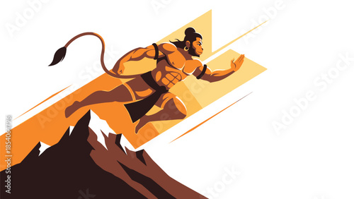 Dynamic illustration of Hanuman leaping over mountain with speed and power