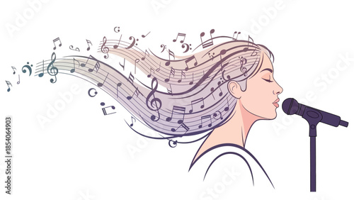 Woman singing into microphone with musical notes flowing from her hair