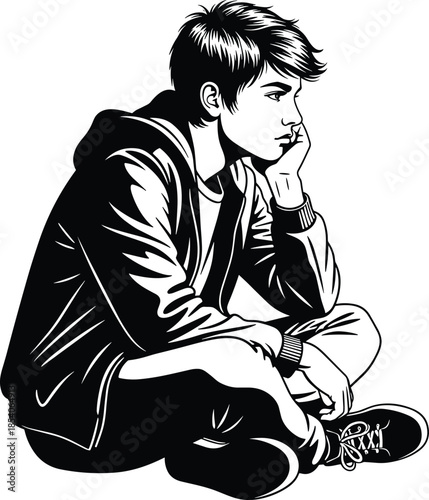 Thoughtful teenage boy sitting alone, black and white vector illustration showing emotion, solitude, introspection for mental health concepts and youth art