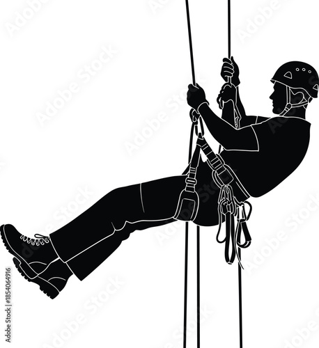 Rope access worker descending using safety harness and helmet, black silhouette illustration for industrial climbing, high altitude maintenance, construction safety services