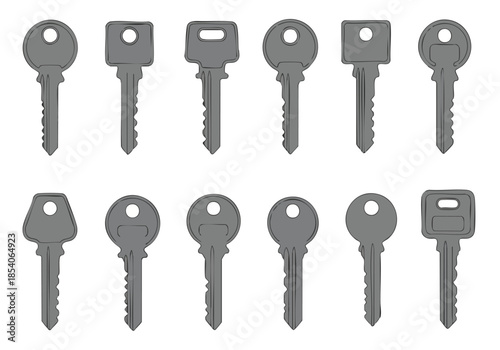 A diverse collection of grey metallic keys displayed on a clean white background useful for security concepts and access illustrations