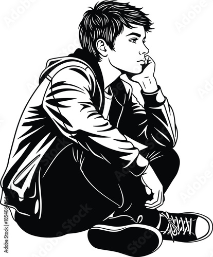 Thoughtful young man sitting alone, black and white vector illustration, pensive teenage boy concept art for emotion, solitude, and reflection