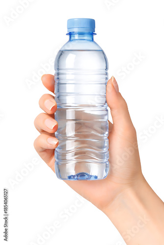 Hand holding a blank plastic water bottle,