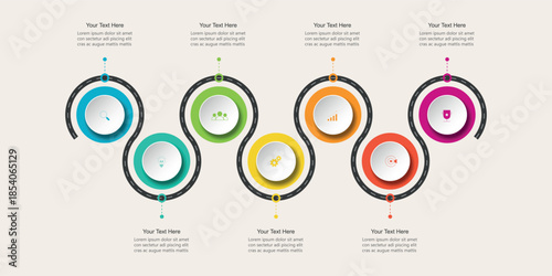 Business road map timeline infographic concept. with icons and 5, 7 options, Corporate milestones graphic elements. workflow layout, diagram, report, web design. Creative, vector