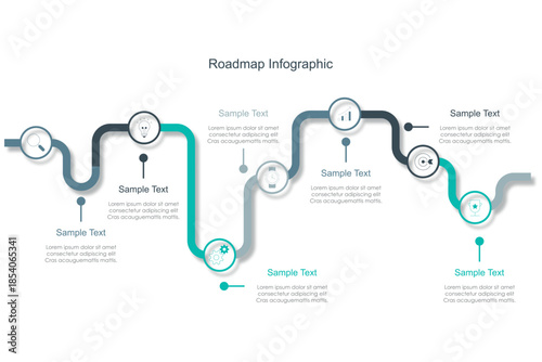Business road map timeline infographic concept. with icons and 5, 7 options, Corporate milestones graphic elements. workflow layout, diagram, report, web design. Creative, vector