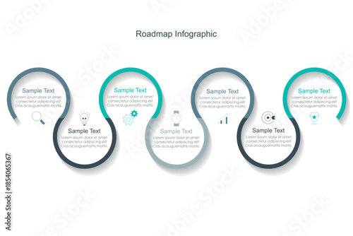 Business road map timeline infographic concept. with icons and 5, 7 options, Corporate milestones graphic elements. workflow layout, diagram, report, web design. Creative, vector