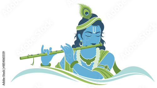 Krishna playing flute with peaceful expression in traditional Indian attire