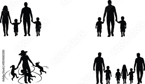 Family silhouette collection showing parents and children walking holding hands isolated on white background illustration parenting concept family love togetherness