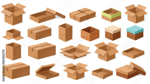 Set of various isometric cardboard carton boxes isolated on white background. Vector illustration.