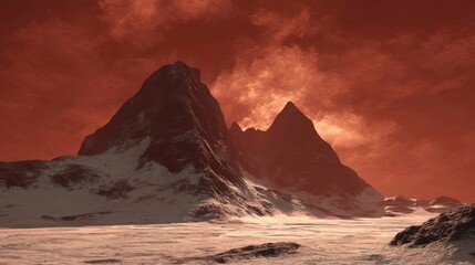 Crédence de cuisine Bordeaux Jagged obsidian mountain peaks pierce a swirling fiery red sky over a desolate snow-covered landscape  © Bong