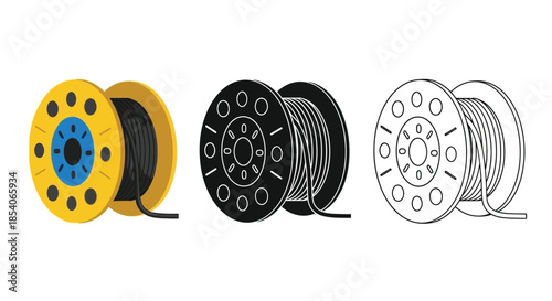 Three different styles of wire spools color black and line art