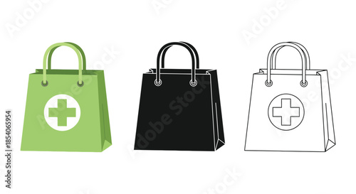Three shopping bags in different colors with a medical cross symbol