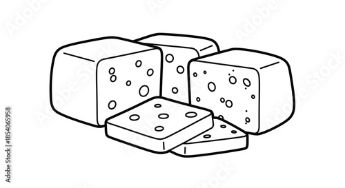 Outline of swiss cheese blocks and slices a simple black and white illustration