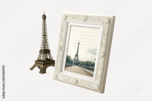 Vintage white frame and eiffel tower statue decor