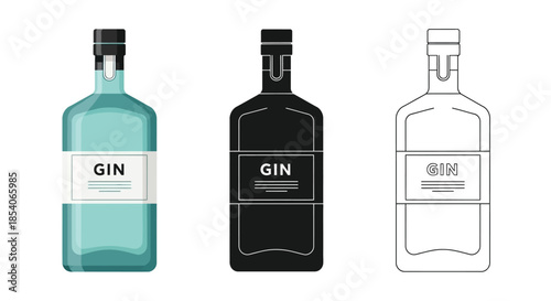 Three stylized gin bottles in different color schemes color black and outline