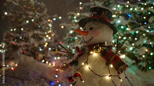 Cheerful Backyard Snowman Ornament Glowing Brightly Under Multicolored Holiday Lights