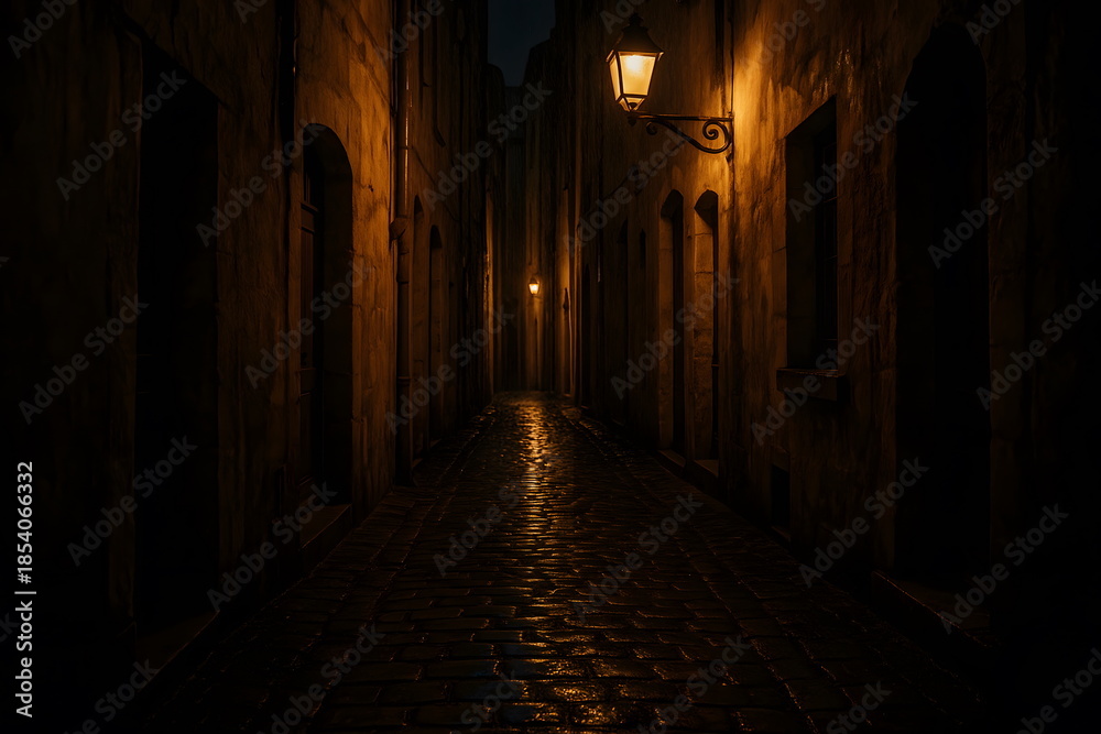 Obraz premium Narrow old European street illuminated by warm lantern light at night.