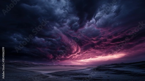 Surreal Barren Desert Landscape at Night with Pink Horizon and Storm Clouds