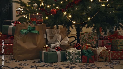 Cozy Christmas Tree Scene Featuring Numerous Gift-Wrapped Presents and Holiday Bags