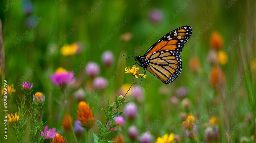 Fototapeta premium A Vibrant Monarch Butterfly Gracefully Alights Upon a Delicate Yellow Wildflower Amidst a Sunlit Meadow