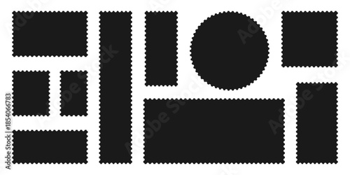 Minimalist Black postage stamp frame set with zigzag edge or Different set of rectangle and square postage frames vector illustration