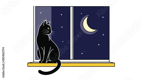 Black cat sitting by window looking at night sky with crescent moon