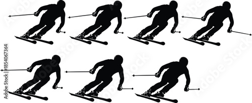 Alpine skiing action silhouettes set, downhill skier carving turns, winter sport movement poses, dynamic snow ski vector illustrations