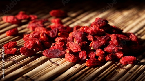 Bright Crimson Dried Goji Berries Glistening with Dew Scattered on a Textured Bamboo Surface