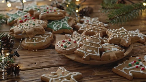A Cozy Rustic Christmas Cookie Platter with Star and Tree Shapes on a Wood Table