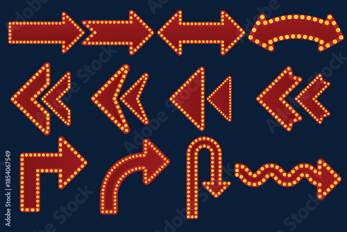 Retro arrow sign set with marquee light style, ideal for navigation, signage, and decorative graphic design.Retro arrow sign set with marquee light style, ideal for navigation, signage, and decorative