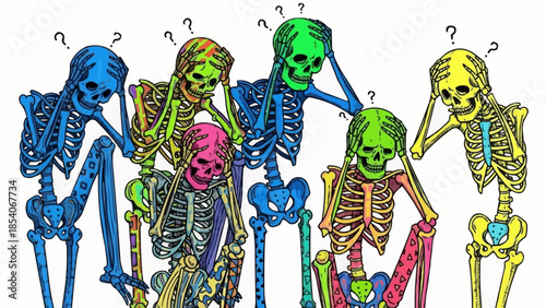 Colorful Skeletons with Confused Expressions Standing.