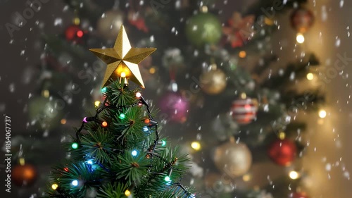 Festive Christmas Tree Close-Up with Glittering Ornaments, Star Topper, and Snowfall