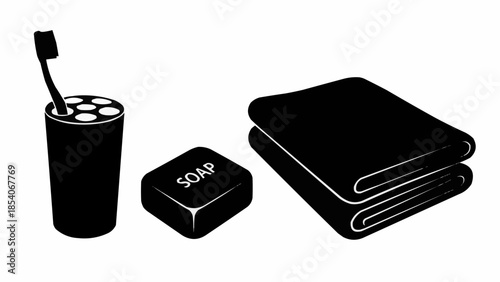 Toiletries including soap and towels.