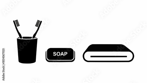 Toothbrushes in Holder with Soap and Toothpaste.