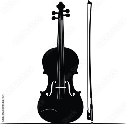 Violin and bow silhouette on white background