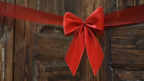 Luxurious Red Satin Bow Adorning a Rustic Wooden Door in Festive Setting