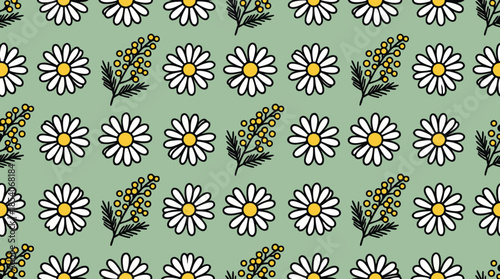 Flat vector illustration of a spring floral pattern, white chamomile flowers and yellow mimosa on a pastel sage green background. 2D flat design, no shadows, no gradients, thick bold lines, simple sha